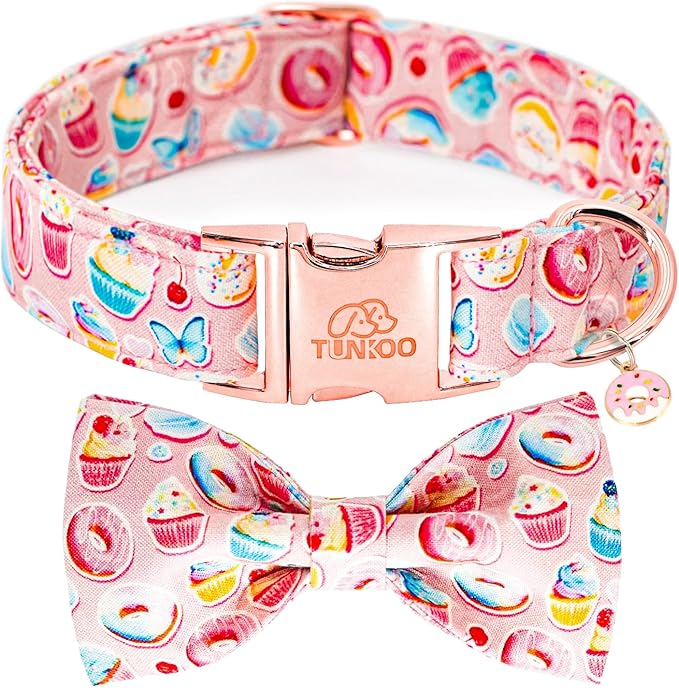 Tunkoo Pink Dog Collar with Bow Tie Cute Cake - Durable, Adjustable, and Stylish Pet Collar Available in Small Medium Large S