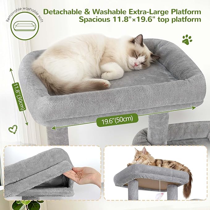 Globlazer 77" Cat Tree for Large Cats, Tall Cat Tower with Scratching Board & Thickened Stable Base, Skin-Friendly Multi-Level Activity Center for Multi-Cat Household, Maine Coon, S77C,Light Grey