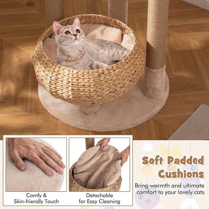 PETSITE 65-inch Cattail Cat Tree Tower, Multi-Level Cat Tower with Natural Jute Scratching Posts, Cat Bed, Top Perch, Dangling Balls and Jumping Platforms, Modern Tall Cat Tree for Indoor Cats