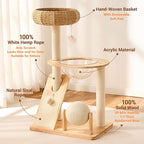 HITTITE Solid Wood Cat Tree Tower with Scratching Post, 36.6 Inches Tall Cat Towers with Scratching Board and Scratcher Ball, Modern Cat Tower With Space Capsule and Hand-Woven Basket for Indoor Cats.