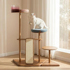 Modern Cat Tree for Living Room - Oak Veneer Cat Tower with Acrylic Pod, Solid Rubberwood, Scratch-Resistant Chenille & Sisal, Modern Cat Furniture for Indoor Cats