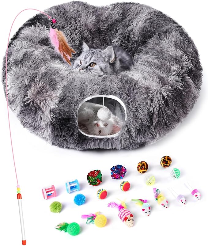 Cat Tunnel Bed with 20 Pcs Interactive Toys, 3-in-1 DIY Collapsible Plush Cat Tube with Washable Mat, Large Indoor Play Tunnel Cave for Kittens and Small Animals