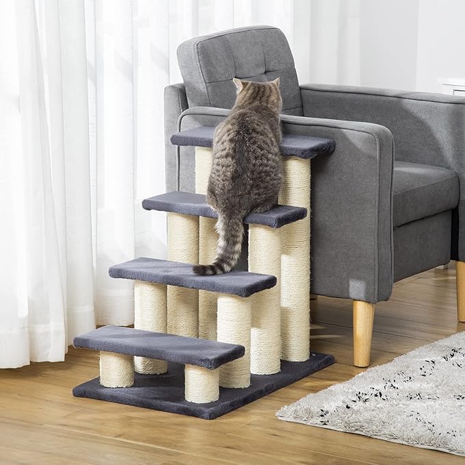 4 Levels Pet Stairs for High Beds Couch, Cute Stair Shaped Cat Tree for Indoor Cats or Dogs with Scratching Post, Hanging Play Ball, Gray