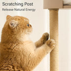 Modern Cat Tree, Wood Cat Tower with Steel Frame, Scratching Posts, Cat Capsule, Plush Mat, Bell Dangling Toy, Aesthetic Minimalist Heavy-Duty Cat Climbing Tree for Large Indoor Adult Cats-Khaki
