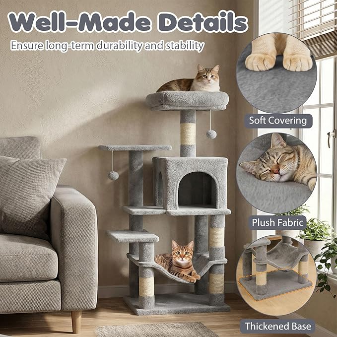 Tangkula Cat Tree Tower, 44 Inch Multi-Level Cat Tower with Sisal Scratching Posts, 2-Door Condo, Padded Top Perch & Hammock, 2 Hanging Balls, Jumping Platforms for Indoor Cats (Light Gray)