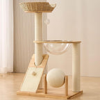 HITTITE Solid Wood Cat Tree Tower with Scratching Post, 36.6 Inches Tall Cat Towers with Scratching Board and Scratcher Ball, Modern Cat Tower With Space Capsule and Hand-Woven Basket for Indoor Cats.