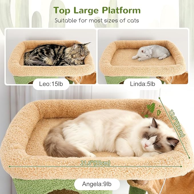 Globlazer Large Cat Tree, 80 inch Multi-Level Cactus Tall Climbing Tower Kitty Condos Cat Scratching Tower for Indoor Multiple Large Adult Cats Kittens with 3 Cat Caves, 3 Hanging Baskets, F80F, Green