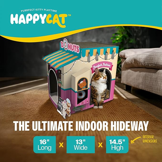 HappyCat Donut Shop Cat Scratcher House - Adorable Cardboard Cat Playhouse with Scratching Panels & Spacious Interior, Hideout & Stimulation Station - Charming Indoor Cat House