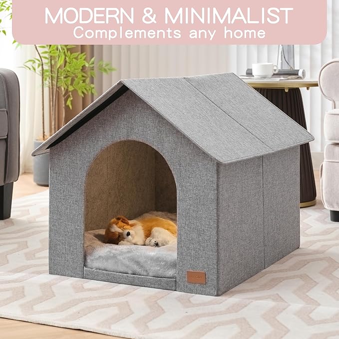 Indoor Dog House for Medium Dogs with Soft Cushion - Semi-Enclosed Warm Cave Bed for Pets Up to 23.6" Long