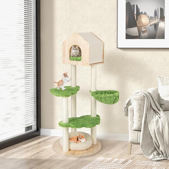 PETSITE 55 Inches Tall Wood Cat Tree, Multi-Level Modern Cat Tower with Sisal Scratching Posts, Condo, Side Hammock and Bed, Ideal for Indoor Cats