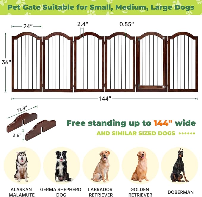 PrimeZone 144" Extra Wide Dog Gate - 36" Tall 6-Panel Solid Acacia Wooden Freestanding Puppy Gates with Door, Foldable Indoor Pet Fence for Doorways, Stairs, Support Feet Included, Brown