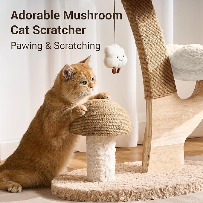 Aesthetic Flower Cat Tree Tower with Scratching Post for Indoor Cats, 37" H Modern Cat Tree with Wood Sculpted Branch, Flower Cat Beds, Mushroom Scratcher & Interactive Squeaky Toy, White