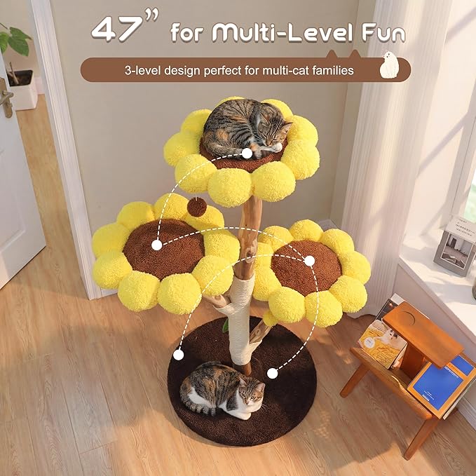 Morden Cat Tree for Indoor Cats, Aesthetic Cat Tree w/Natural Solid Wood Scratching Post, Sunflower Cat Tower with 2 Hanging Toy Ball for Multi-Cat Households, 3 Flower Perches