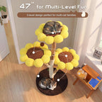 Morden Cat Tree for Indoor Cats, Aesthetic Cat Tree w/Natural Solid Wood Scratching Post, Sunflower Cat Tower with 2 Hanging Toy Ball for Multi-Cat Households, 3 Flower Perches