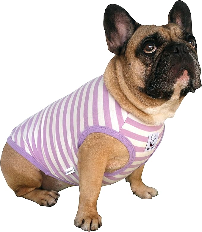 iChoue French Bulldog 100% Breathable Cotton Striped T Shirts Halloween Vest Clothes for Medium Dogs Tank Tops Frenchie Pug English Boston Terrier Pitbull Purple White Stripes - Large