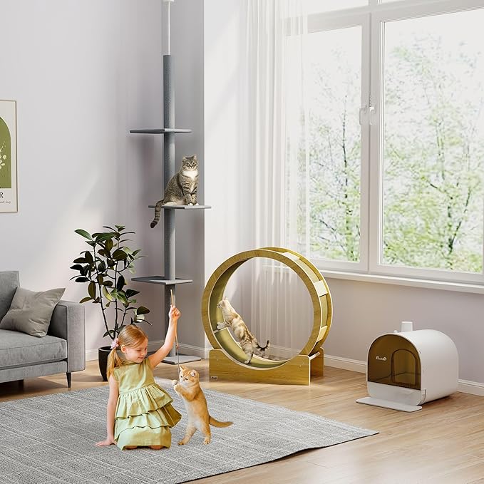 Floor-to-Ceiling 3-Tier Natural Cat Tree Sisal-Covered Scratching Posts Grey Color Multi-Functional Activity Center for Kittens