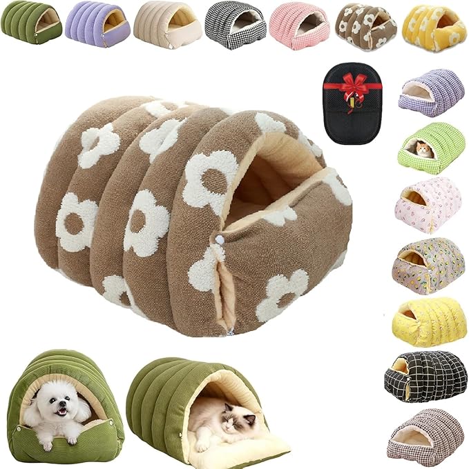 Removable and Washable Winter Closed-Off Cat Bed, Cutypet Winter Cave, Warm Foldable Secure Pet Nest for Indoor Cats & Small Dogs, Comfor Plush Snuggle Hut for Kitty, Puppy, Pets (Flannel-Coffee,L)