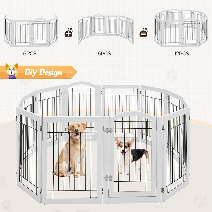 Yaheetech 32-inch Tall Dog Gate with Door Extra Wide Pet Gate for Dogs, Foldable Wire & Wooden Puppy Safety Fence w/3 Support Feet,Freestanding Dog Gate for The House, Doorway, Stairs(White,6 Panels)