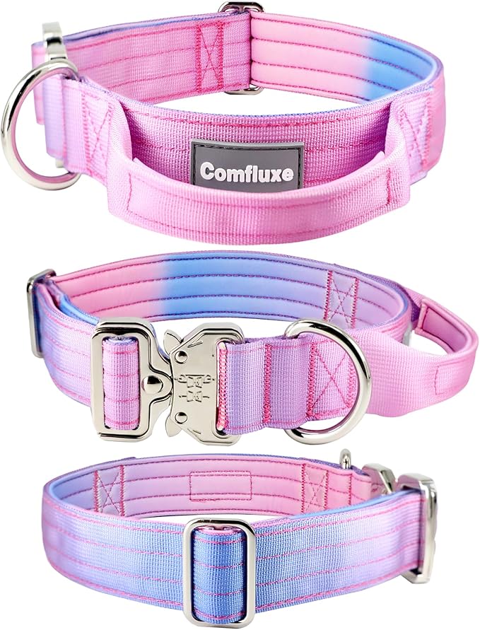 Tactical Dog Collar, 1.5" Wide Thick Heavy Duty Dog Collar with Handle, Soft Neoprene Padded Military-Grade Nylon Training Collar with Quick Release Metal Buckle for Large Dogs (Pink, L,XL)