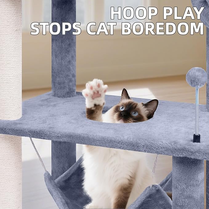 Big Cat Tree, Cat Tower with Multi-Level Condo, Hammocks, Rotating Toy (Grey, 70'')