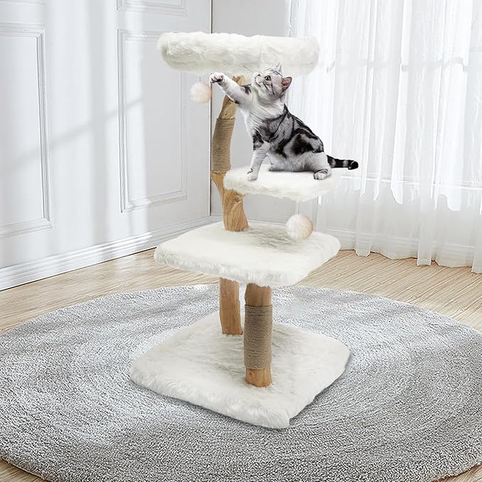 44.1-Inch Wooden Cat Tree, Cat Tree for Large Cats Tree for Indoor Cats Climbing Frame for Cat with Scratching Post, Wide Base, Dangling Ball, White