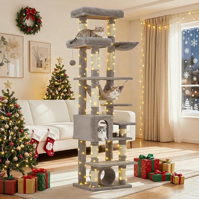 74" Tall Cat Tree for Large Cats with Scratching Posts, Condo, Perches, Hammock, Tunnel & Feeding Station