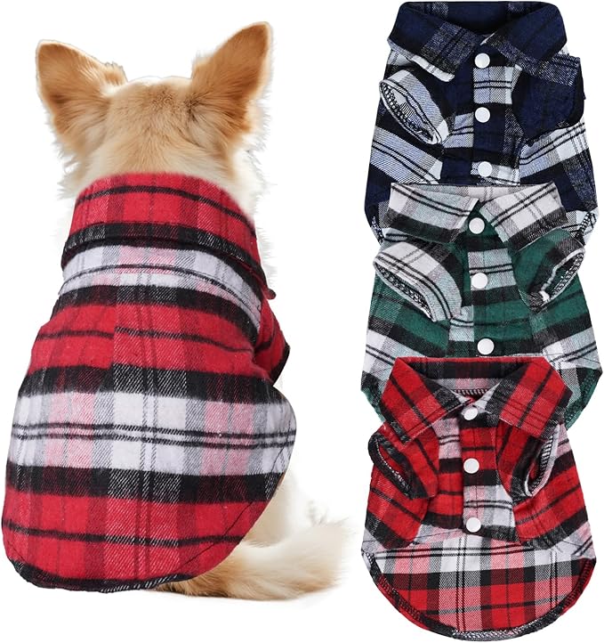 3 Pcs Dog Clothes Plaid Shirt Puppy Clothes Button Up Cat Shirt for Small Pet Dogs Cat Christmas Costume (Small)