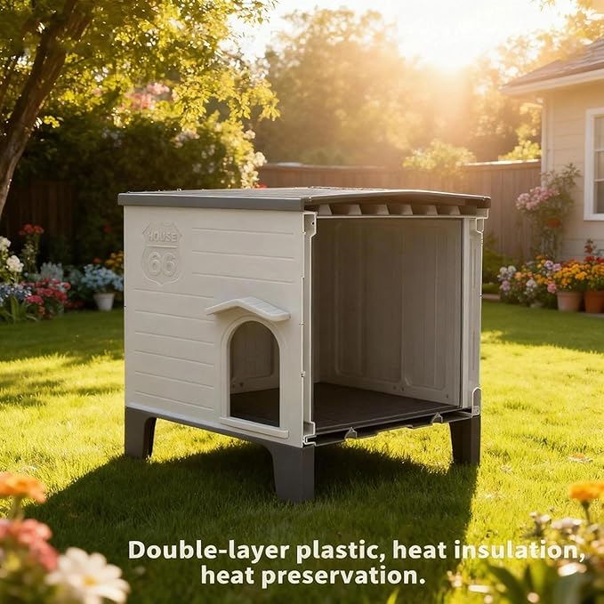 Insulated Outdoor Indoor Dog House with Mat Plastic Weatherproof Elevated Dog Shelter, Easy Assemble, Expansive Interior‌ Grey 38.3" D * 26.5" W * 32.4" H
