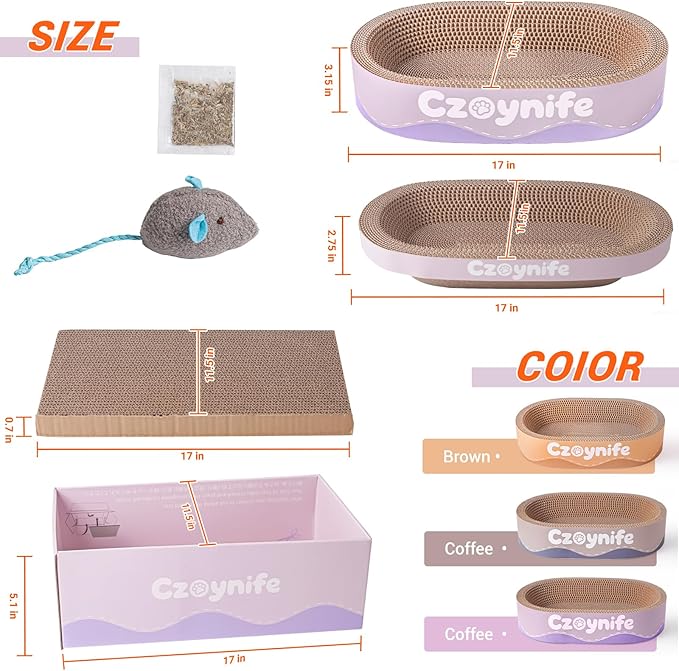 3PCS Cat Scratcher Cardboard, Oval Cat Scratch Pad Bowl Nest for Indoor Cats, Round Cat Scratching Board Corrugated Lounge Cat Bed, Furniture Protector for Couch (Purple, 17 * 11.5 in)