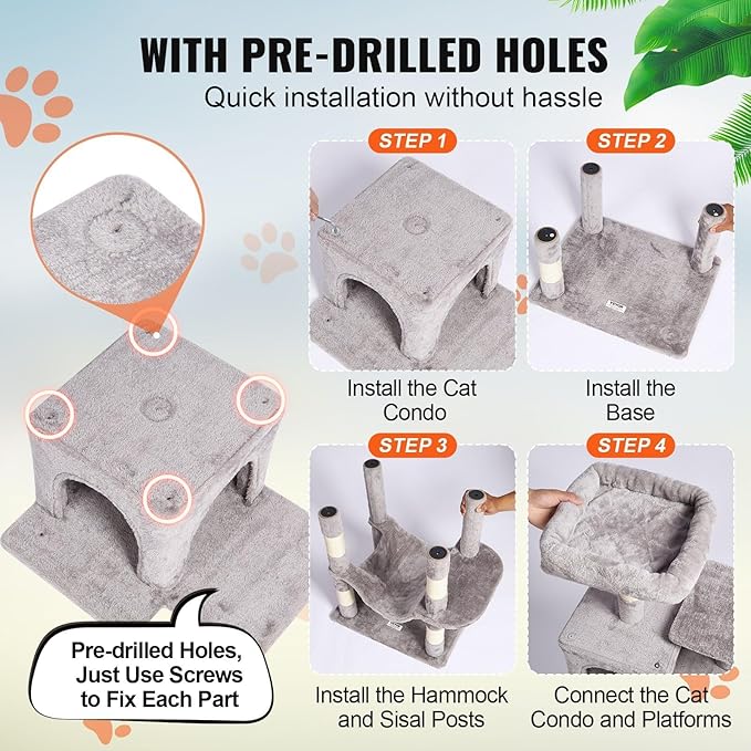 Multi-Level Cat Tree Tower with Sisal Scratching Posts, Plush Condo & Toys - Durable Cat Activity Center for Indoor Cats (Light Grey, 63)