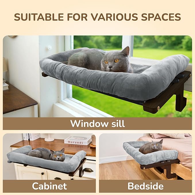 [Ready to Gift] PURRHOUSE Cat Window Perch with Cushion Bolster and Cool Pad, Cat Hammocks for Windows with Wood & Robust Metal Frame for Large Cats, Beds for Windowsill, Bedside and Cabinet,24''W