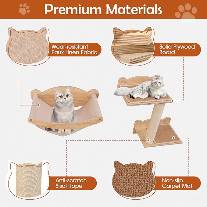 Tangkula Cat Wall Shelves, 4 Pieces Wooden Wall Mounted Kitten Furniture Set with Hammock, 2-Step Cat Tree, Non-Slip Pads, Sisal Stairs & Scratching Posts, Modern Cat Climber Steps (Natural)