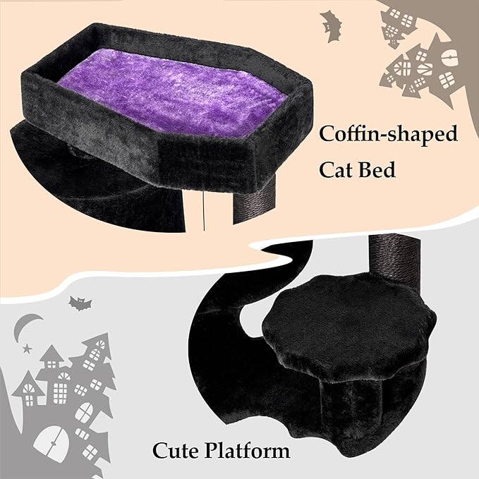BEWISHOME Cat Tree, Gothic Cat Tree with Coffin Bed, Goth Cat Tree Tower with Scratching Posts, Cat Shelves for Kittens, Spider Toy, Black and Violet Small MMJ93Z