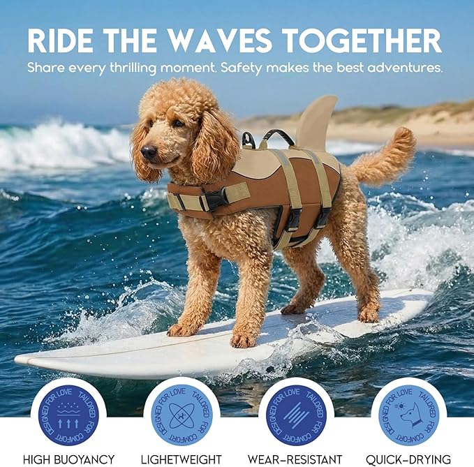 ASENKU Dog Life Jacket - Pet Safety Vest for Swimming & Boating, Shark Life Jacket with Floatation, Dog Lifesavers Swimsuits for Small Medium Large Dogs (Brown, M)