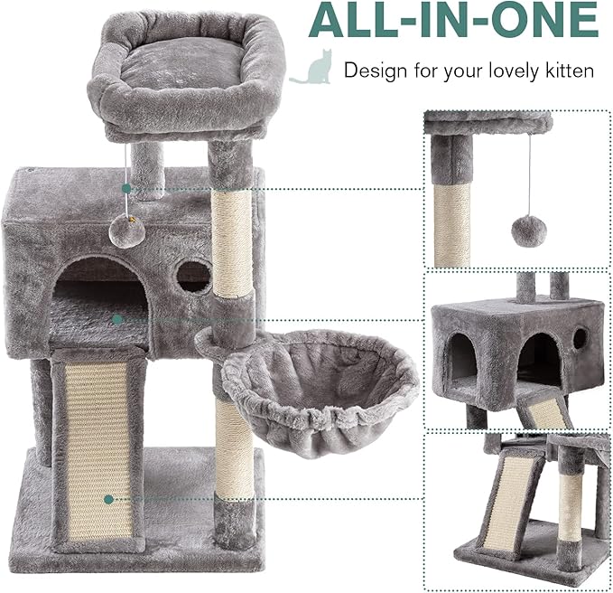 IMUsee Cat Tree for Indoor Cats, Multi-Level Cat House Condo with Large Perch, Scratching Posts, Hammock, Cat Climbing Stand with Toy for Small Cats Kittens Play Rest, 36" Tall, Grey