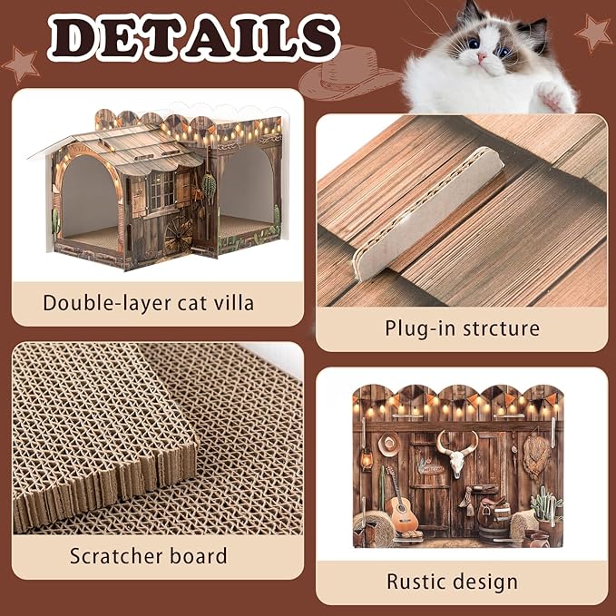 2 Story Cardboard Cat House with Scratcher Pad for Small Kitten,17x12x10 Multi Level Durable Cat Condo & Villa for Bunny Rabbit Small Animals Christmas Birthday Gift(17x12x10,Western)