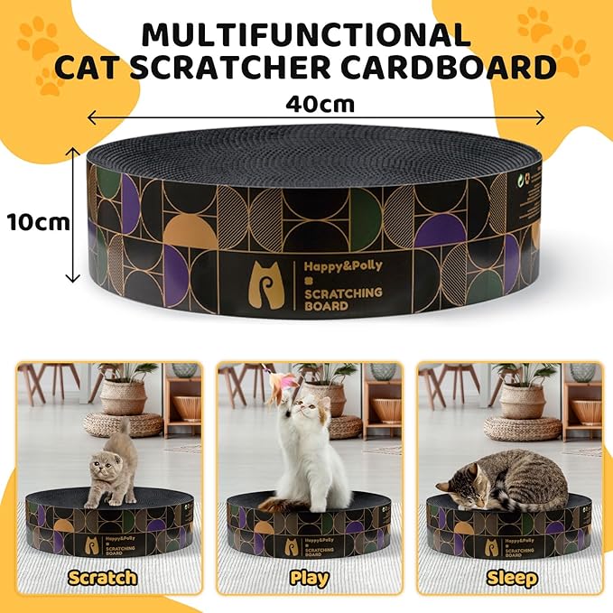 Cat Scratcher Cardboard Bed - Happy&Polly Round Cat Scratching Pad for Indoor Cats Double-Sided Usable Corrugated Cat Beds Furniture Protector Scratch Deterrent - Black