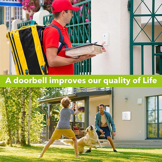 BN-LINK Wireless Doorbell with 2 Buttons, Mini Waterproof Door Bell Easy Installation, 1000Ft Range, Adjustable Volume & 58 Chimes, LED Flash, Perfect for Homes, Offices, Apartments (White)