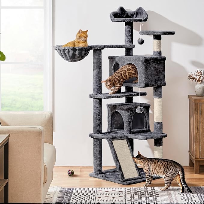 Yaheetech 57 inches Cat Tree for Indoor Cats, Multi-Level Cat Tower w/ 3 Perches, 2 Cat Condos, 2 Hanging Balls and Scratching Posts, Dark Gray