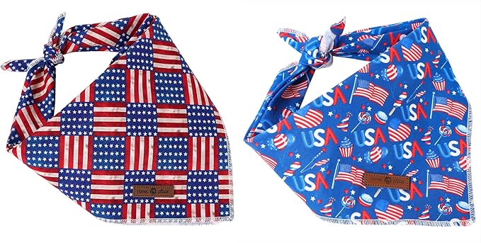 Lionet Paws 4th of July Bandanas 2 Pack, American Washable Triangle Bibs Scarf Kerchief, Adjustable Holiday Scarves for Small Medium Large Dogs Pets, USA & Flag