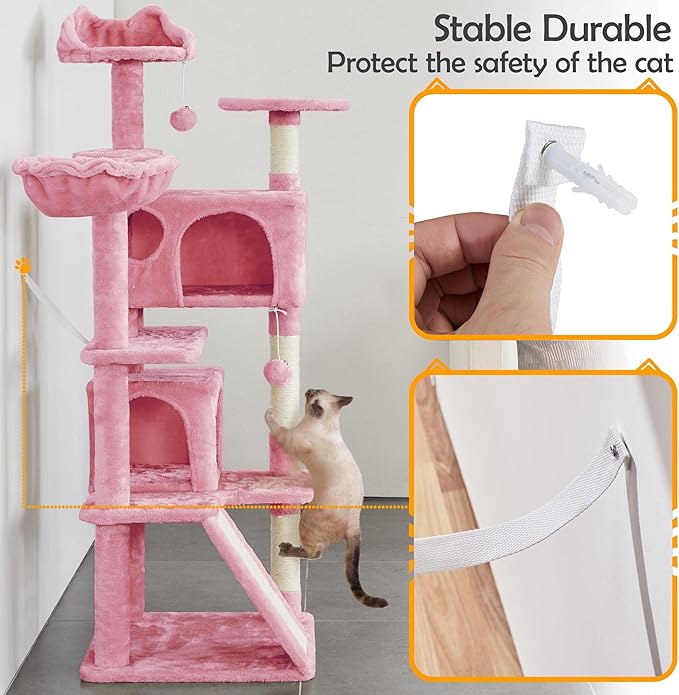 Yaheetech Cat Tree, 57 inches Cat Tower with Double Condo, Scratching Board and Basket, Cat Furniture for Indoor Cats Kitten- Pink