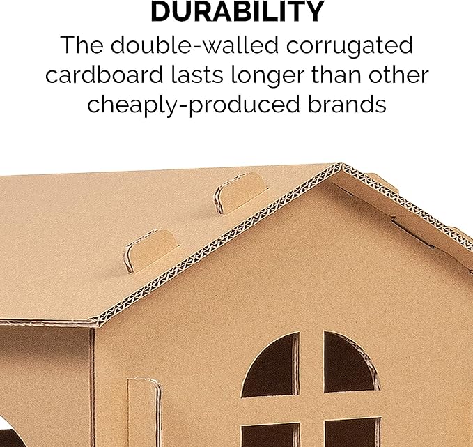 FurHaven Townhouse Multi-Level Cardboard Cat House for Indoor Cats with Catnip & Toys, Double-Walled Corrugated Scratcher Designed for Lounging, Play & Comfort, One Size, Cardboard, Brown