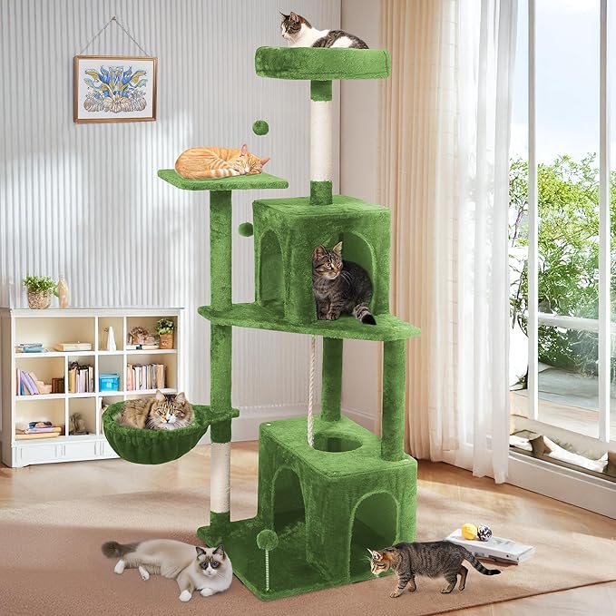 Cat Tree, 54-Inch Cat Tower for Indoor Cats,Plush Multi-Level Cat Condo with Scratching Posts, Basket, Perches,2 Caves,2 Pompoms(Green)
