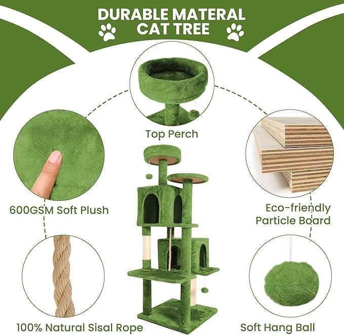 58.5inch Large Cat Tree Tower Condo for Indoor Cats, Soft Plush Multi-Level Climbing Tree Cat House with Cat Cave, Scratching Post, More Entrance/Exit, Sisal Rope, Green