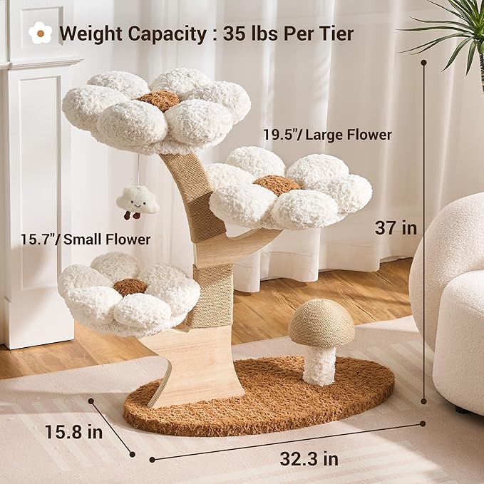 Aesthetic Flower Cat Tree Tower with Scratching Post for Indoor Cats, 37" H Modern Cat Tree with Wood Sculpted Branch, Flower Cat Beds, Mushroom Scratcher & Interactive Squeaky Toy, White