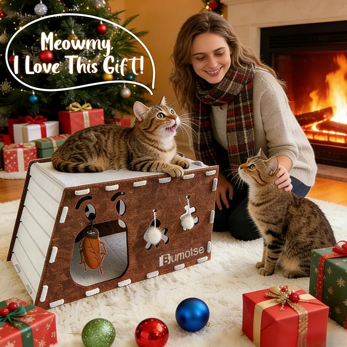 Felt Cat Cave House for Indoor Cats with Catnip Toy, Large Cat Bed Tunnel for Scratching Play, No-Tool Assemble Warm Silent Cat House for Large Cats Up to 22lb, Durable and Washable Coffee