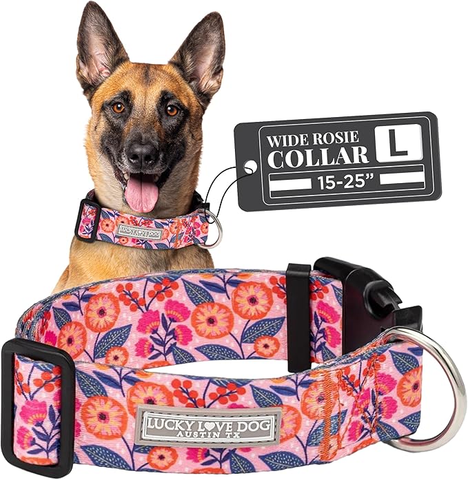 Lucky Love Dog Wide Dog Collar - Adjustable, Durable, Soft Webbing, & Comfortable 1.5 inch Wide Collar with Strong Buckle for Dogs Male and Female with Strong Buckle - Rosie, Large