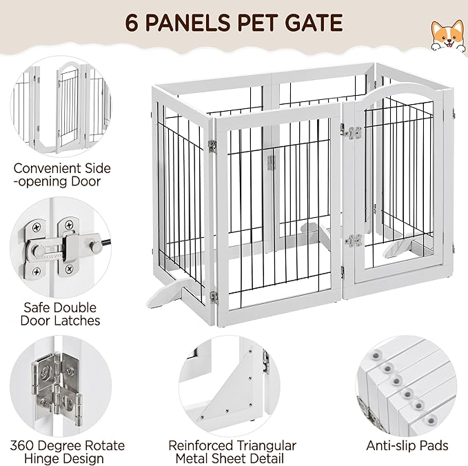 Yaheetech 32-inch Tall Dog Gate with Door Extra Wide Pet Gate for Dogs, Foldable Wire & Wooden Puppy Safety Fence w/3 Support Feet,Freestanding Dog Gate for The House, Doorway, Stairs(White,6 Panels)
