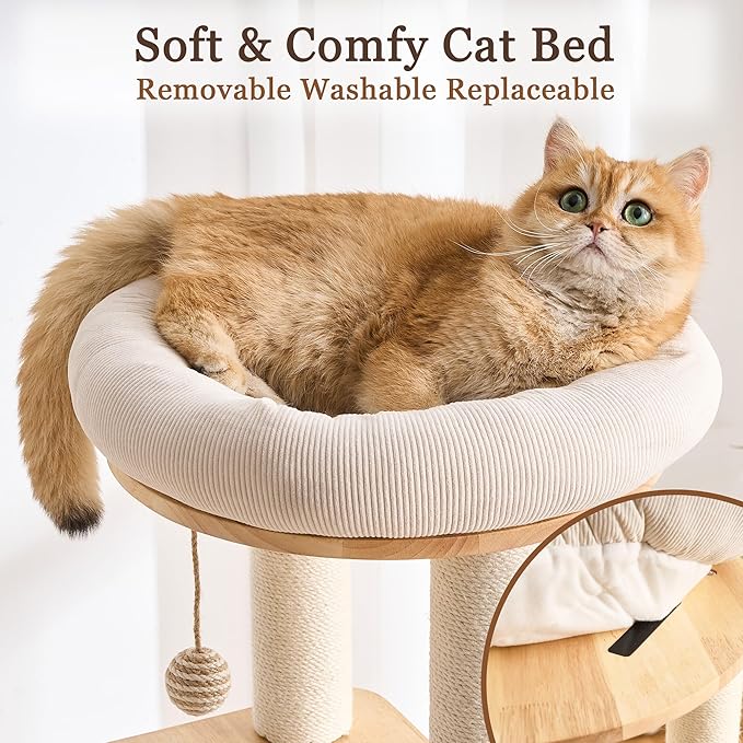 Modern Cat Tree Tower with Scratching Post for Indoor, Solid Wood Multifunctional Cat Tree Tower with Soft Bed, Space Capsule, Sisal Scratching Board, Grooming Post, Dangling Ball