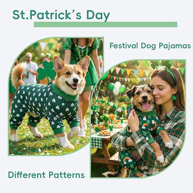 Vehomy 2-Pack St.Patrick's Day Dog Pajamas Clover Rainbow Pet Jumpsuits Puppy Pjs Lucky Shamrock Dog Onesie St Patricks Dog Jammies Costume Outfit Clothes for Small Medium Large Dogs XL